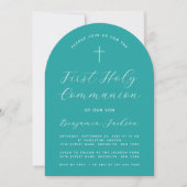 Eerste Communie Turquoise Boog Moderne Script Krui Kaart (Voorkant)