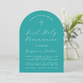 Eerste Communie Turquoise Boog Moderne Script Krui Kaart (Staand voorkant)
