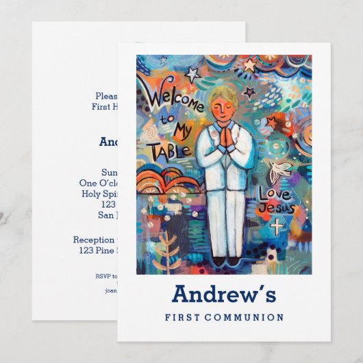 Eerste Communie Uitnodigen, , blond jongetje Kaart (Voorkant / Achterkant)