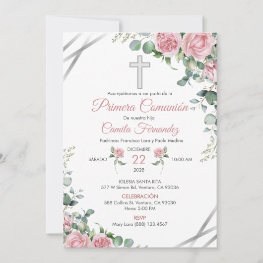 Eerste Communie Uitnodiging Aquarel Roze Rozen (Voorkant)