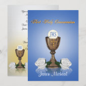 Eerste communie uitnodiging Chalice op blauw (Voorkant / Achterkant)