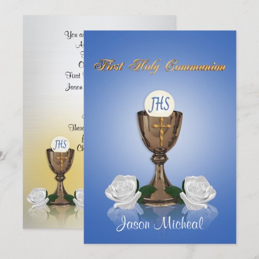 Eerste communie uitnodiging Chalice op blauw (Voorkant / Achterkant)