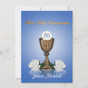 Eerste communie uitnodiging Chalice op blauw