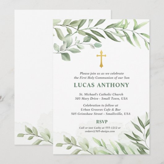 Eerste communie uitnodiging in groene eucalyptus (Voorkant / Achterkant)