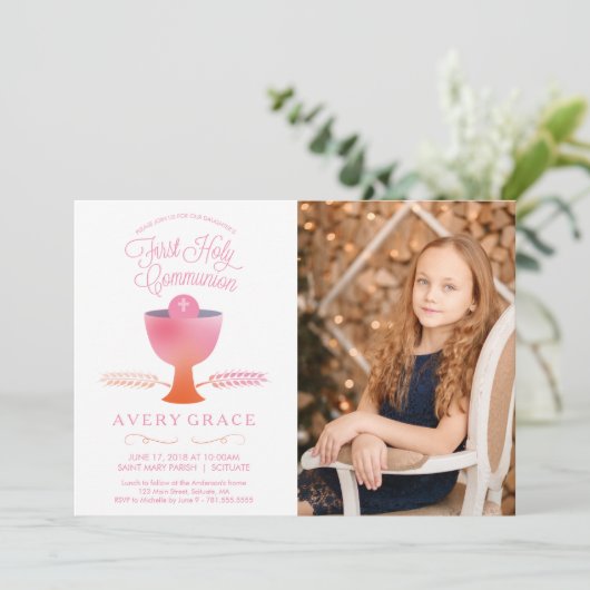 Eerste Communie Uitnodiging - Meisje Foto Uitnodig (Staand voorkant)