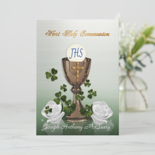 Eerste communie uitnodiging met Ierse shamrocks (Staand voorkant)