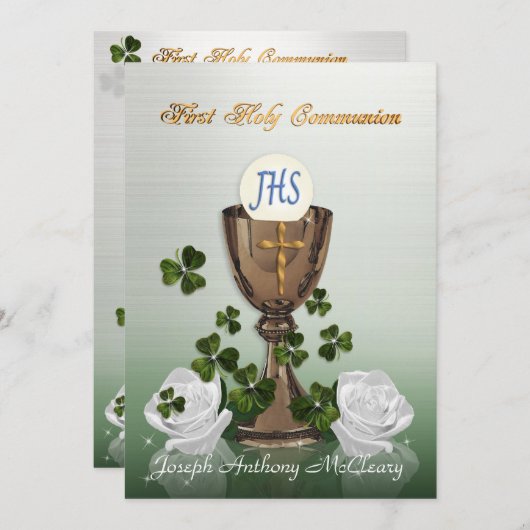 Eerste communie uitnodiging met Ierse shamrocks (Voorkant / Achterkant)