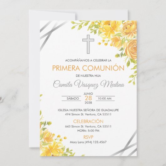 Eerste Communie Uitnodiging Mooie Gele Bloemen (Voorkant)