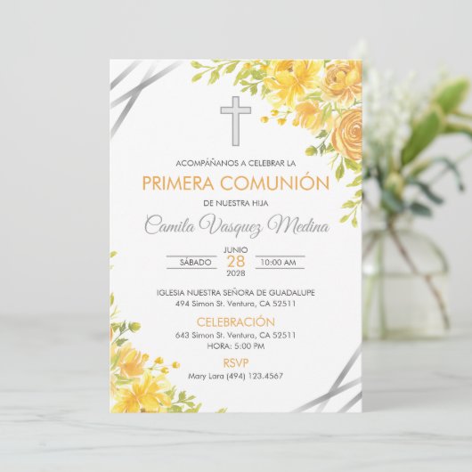 Eerste Communie Uitnodiging Mooie Gele Bloemen (Staand voorkant)