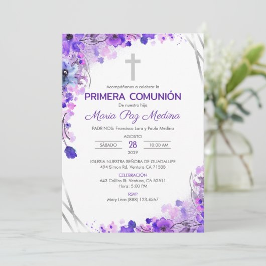 Eerste Communie Uitnodiging Mooie Paarse Bloemen (Staand voorkant)