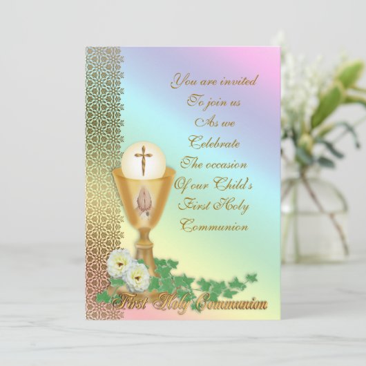 Eerste Communie Uitnodiging regenboog (Staand voorkant)