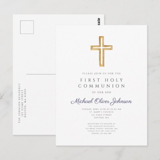 Eerste communie uitnodiging religieuze blauwe jong (Voorkant / Achterkant)