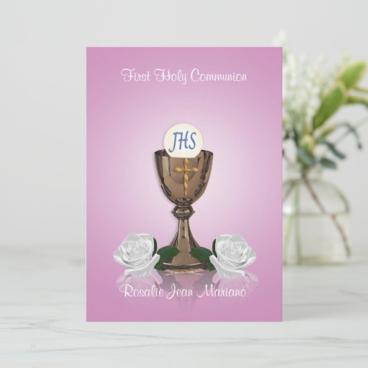 Eerste communie uitnodiging roze (Staand voorkant)