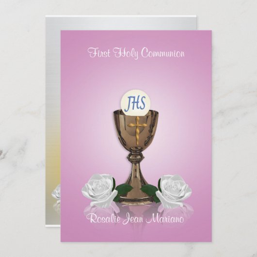 Eerste communie uitnodiging roze (Voorkant / Achterkant)