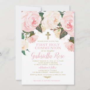 Eerste Communie Uitnodiging, Roze Bloem Goud Kaart