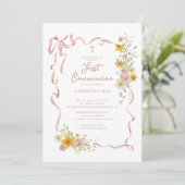 Eerste Communie Uitnodiging Roze Bloemen (Staand voorkant)