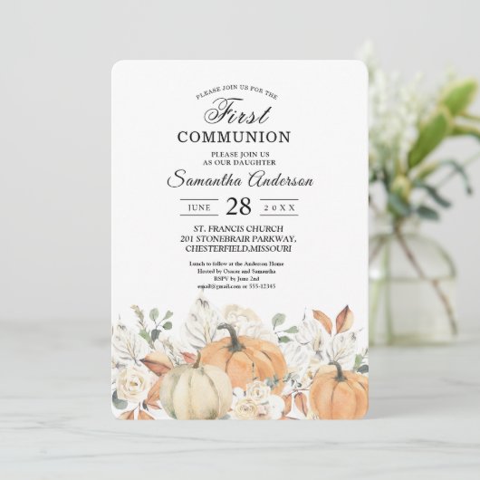 Eerste communie uitnodiging | Waterverf pompoenen (Staand voorkant)