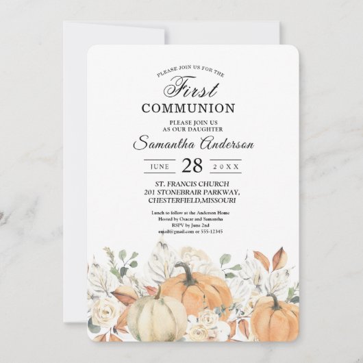 Eerste communie uitnodiging | Waterverf pompoenen (Voorkant)