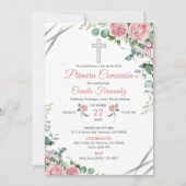 Eerste Communie Uitnodiging Waterverf Roze Rozen (Voorkant)