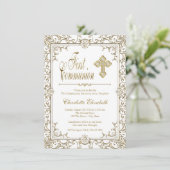Eerste Communie uitnodigingen wit en goud (Staand voorkant)