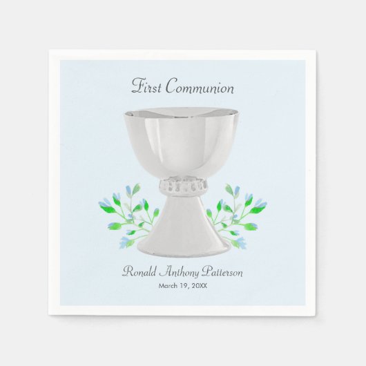 Eerste Communie van Chalice en Blue Buds Greenery Servet (Voorkant)