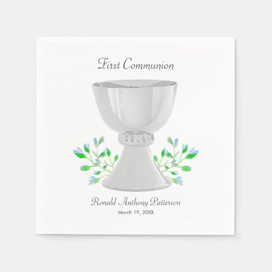 Eerste Communie van Chalice en Blue Buds Greenery Servet (Voorkant)