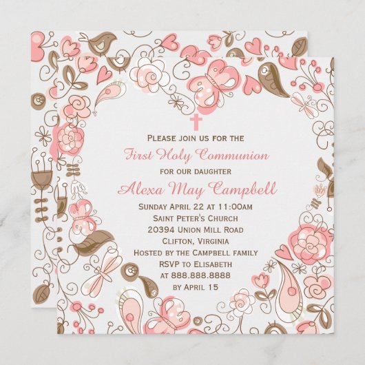 Eerste communie van de roze kunstbloemen van het m kaart (Voorkant / Achterkant)