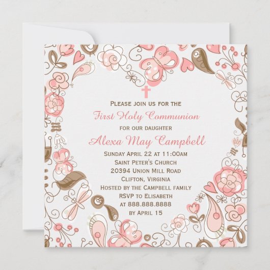 Eerste communie van de roze kunstbloemen van het m kaart (Voorkant)