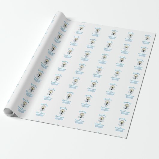 Eerste communie van kleinzoon, blauwe beker cadeaupapier (Uitgerold)