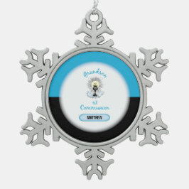 Eerste communie van kleinzoon, blauwe beker tin sneeuwvlok ornament