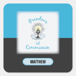 Eerste communie van kleinzoon, blauwe beker vierkante sticker