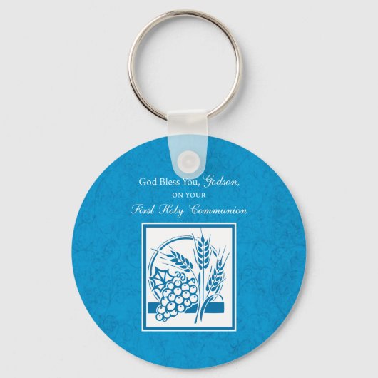 Eerste communie van peetzoon, Tarwe, Druiven Blauw Sleutelhanger (Voorkant)