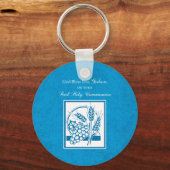 Eerste communie van peetzoon, Tarwe, Druiven Blauw Sleutelhanger (Voorkant)