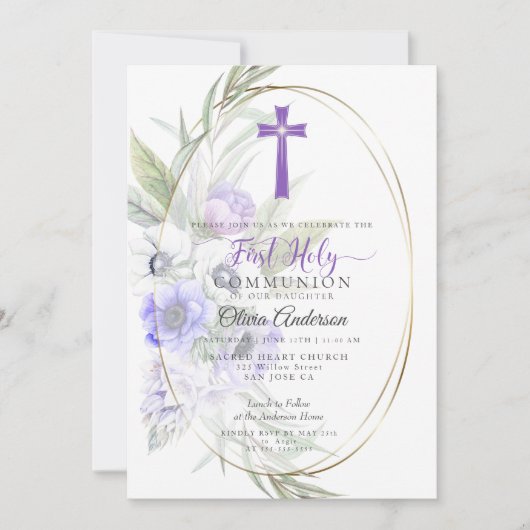 Eerste communie | Violet Anemone Floral Cross 2 Kaart (Voorkant)