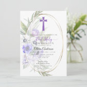 Eerste communie | Violet Anemone Floral Cross 2 Kaart (Staand voorkant)