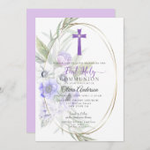 Eerste communie | Violet Anemone Floral Cross 2 Kaart (Voorkant / Achterkant)