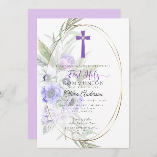 Eerste communie | Violet Anemone Floral Cross 2 Kaart (Voorkant / Achterkant)