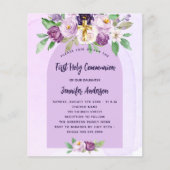 Eerste Communie violet bloemen budget uitnodiging (Voorkant)