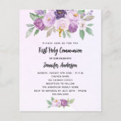 Eerste Communie violet bloemen budget uitnodiging (Voorkant)