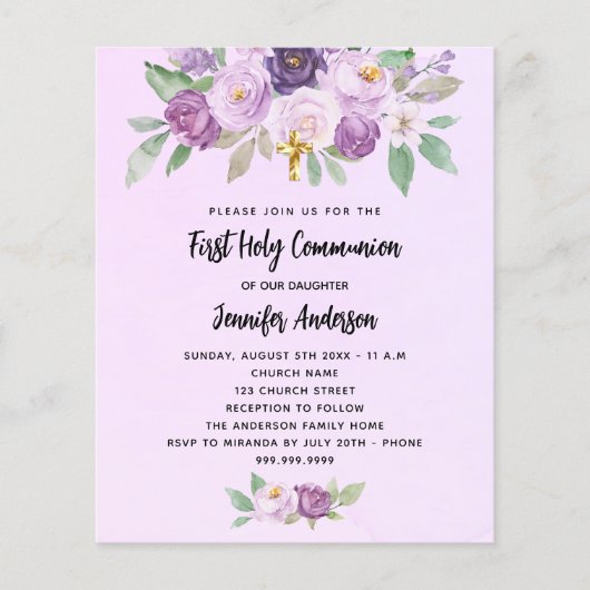 Eerste Communie violet bloemen budget uitnodiging Flyer (Voorkant)
