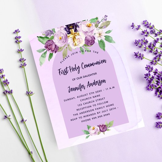 Eerste Communie violet bloemen budget uitnodiging Flyer