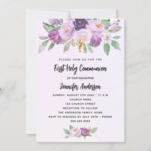 Eerste Communie violette bloemen groen kruis Kaart (Voorkant)