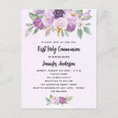 Eerste Communie violette bloemen groen kruis Uitnodiging Briefkaart (Voorkant)