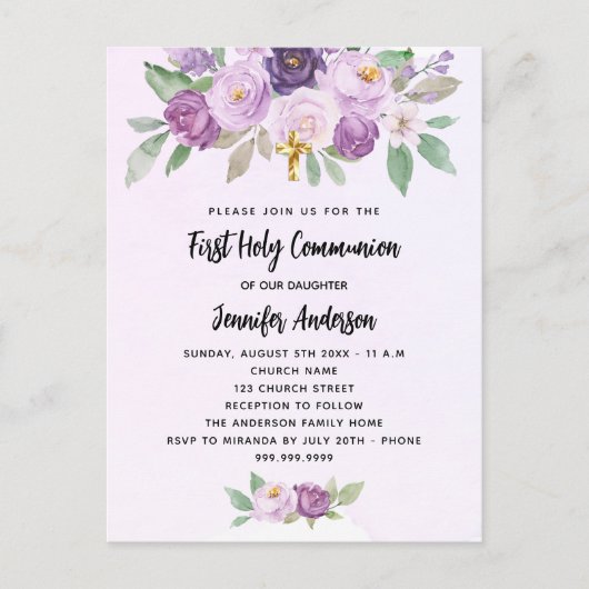 Eerste Communie violette bloemen groen kruis Uitnodiging Briefkaart (Voorkant)