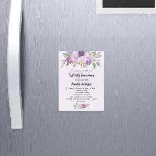 Eerste Communie violette bloemen kruisen luxe Magnetische Uitnodiging