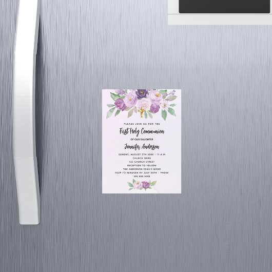 Eerste Communie violette bloemen kruisen luxe Magnetische Uitnodiging