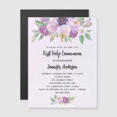 Eerste Communie violette bloemen kruisen luxe Magnetische Uitnodiging (Voorkant / Achterkant)