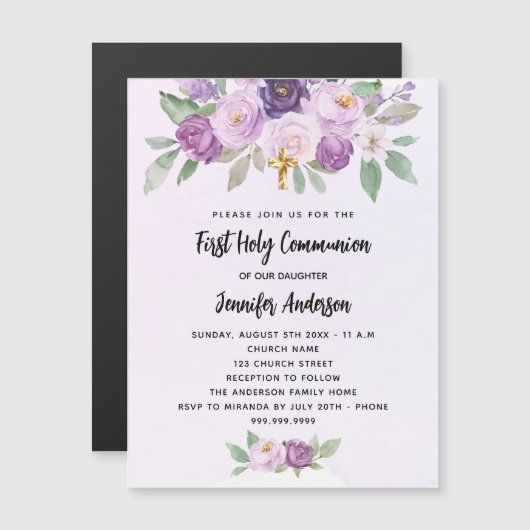 Eerste Communie violette bloemen kruisen luxe Magnetische Uitnodiging (Voorkant / Achterkant)