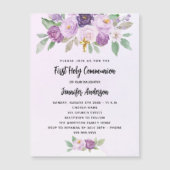 Eerste Communie violette bloemen kruisen luxe Magnetische Uitnodiging (Voorkant)