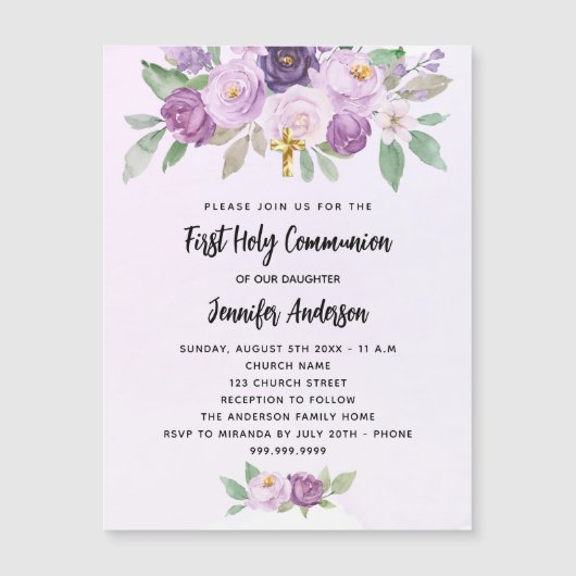 Eerste Communie violette bloemen kruisen luxe Magnetische Uitnodiging (Voorkant)